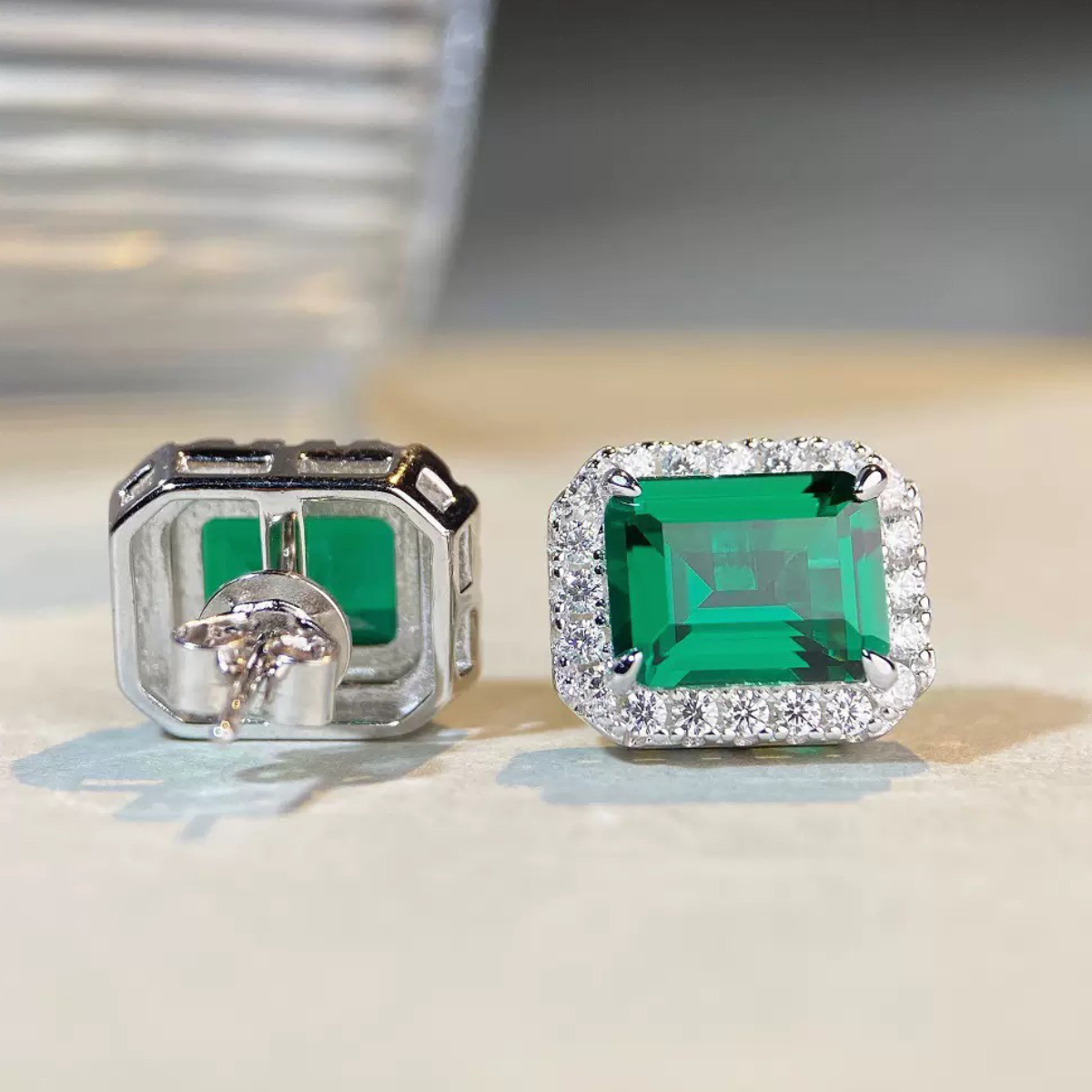 Sterling Silver Emerald Square Crystal Earrings