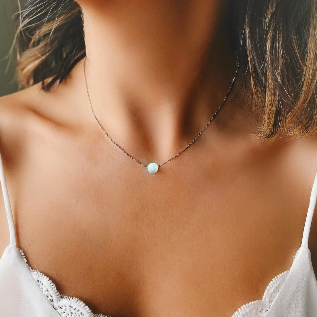 Sterling Silver Minimalist White Opal Necklace