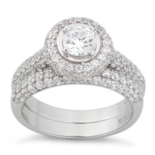 Sterling Silver Halo Round Crystals Engagement Set Ring