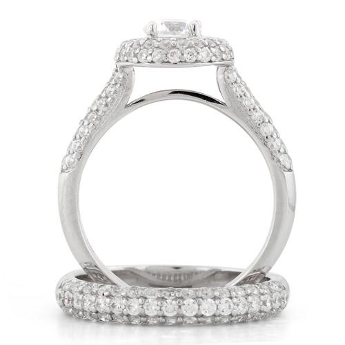 Sterling Silver Halo Round Crystals Engagement Set Ring