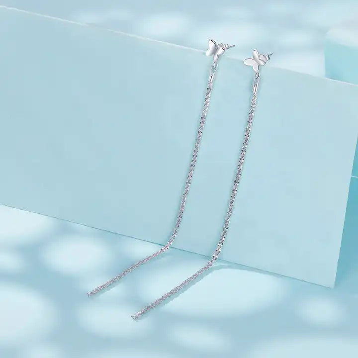 Sterling Silver Long Butterfly Earrings