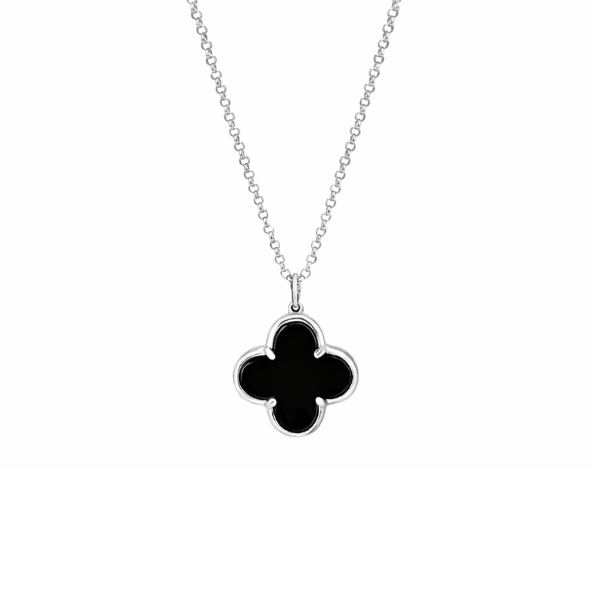Sterling Silver Black Agate Flour Clover Leaf Necklace