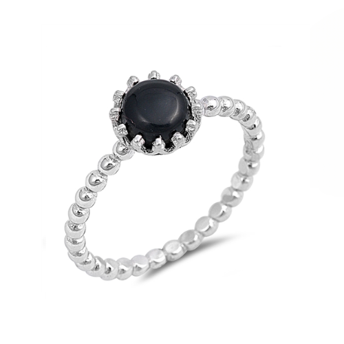 Sterling Silver Delicated Beaded Black Stone Ring