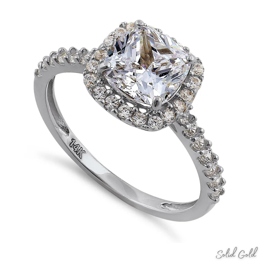 Solid 14K White Gold Cushion Cut Halo CZ Engagement Ring