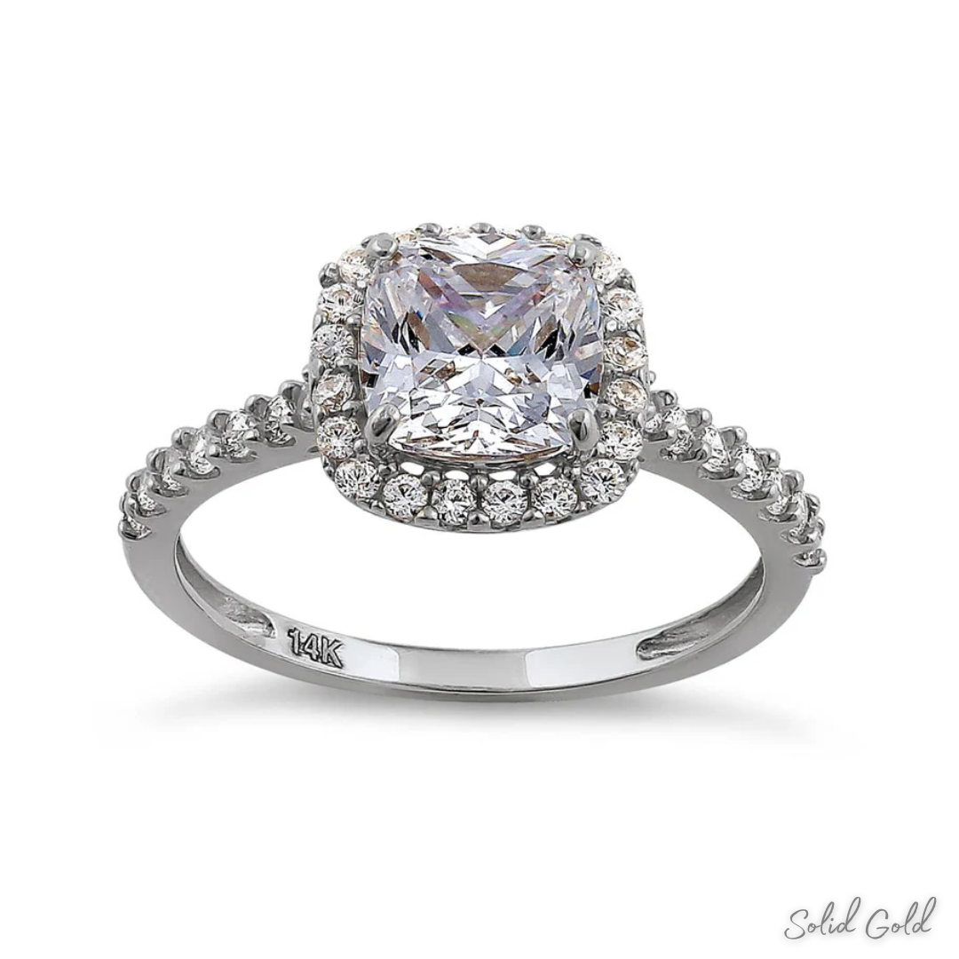 Solid 14K White Gold Cushion Cut Halo CZ Engagement Ring