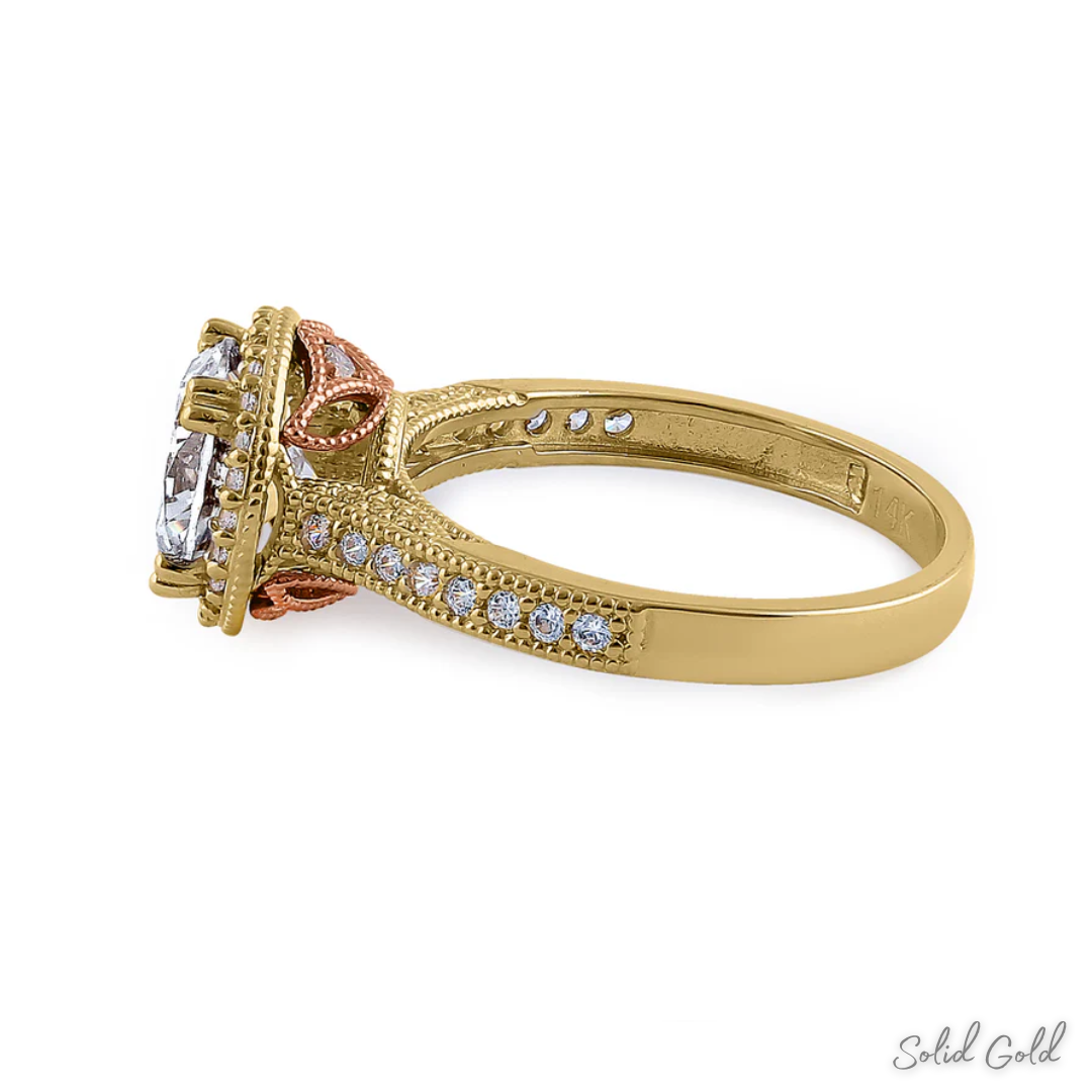 Solid 14K Gold Two Tone Halo Engagement Ring