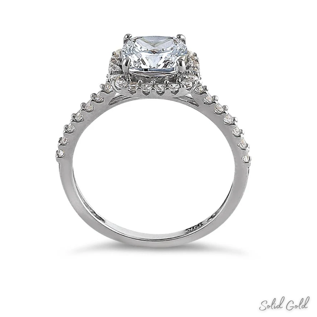 Solid 14K White Gold Cushion Cut Halo CZ Engagement Ring