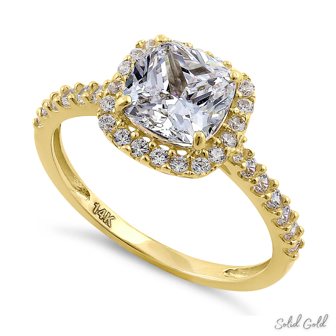 Solid 14K Gold Cushion Cut Halo CZ Engagement Ring