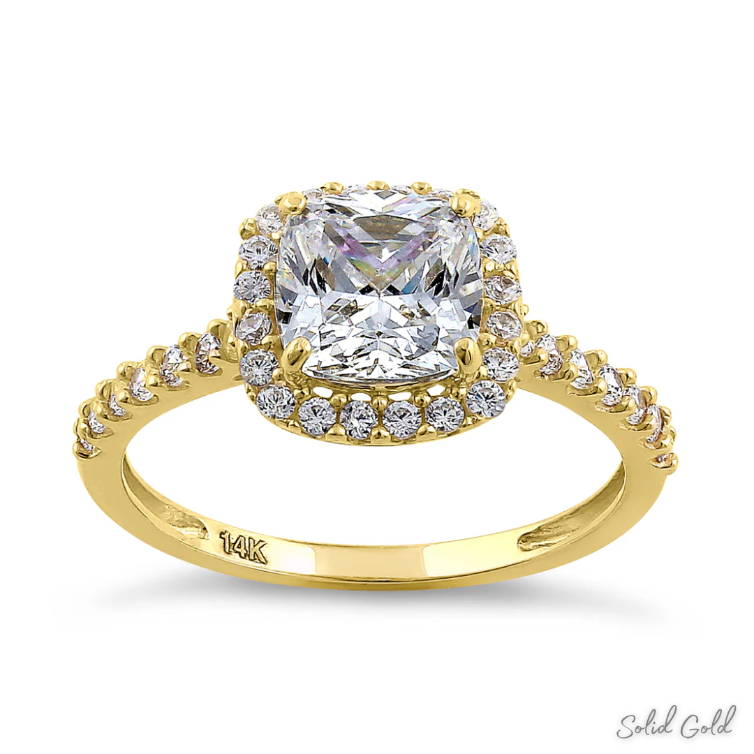 Solid 14K Gold Cushion Cut Halo CZ Engagement Ring