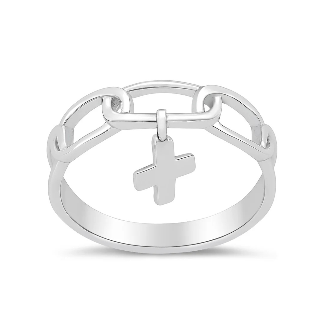 Sterling Silver Link Dangle Cross Ring