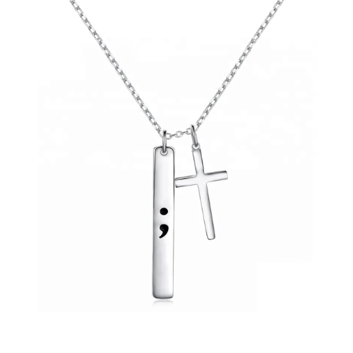 Sterling Silver Semicolon and Cross Necklace
