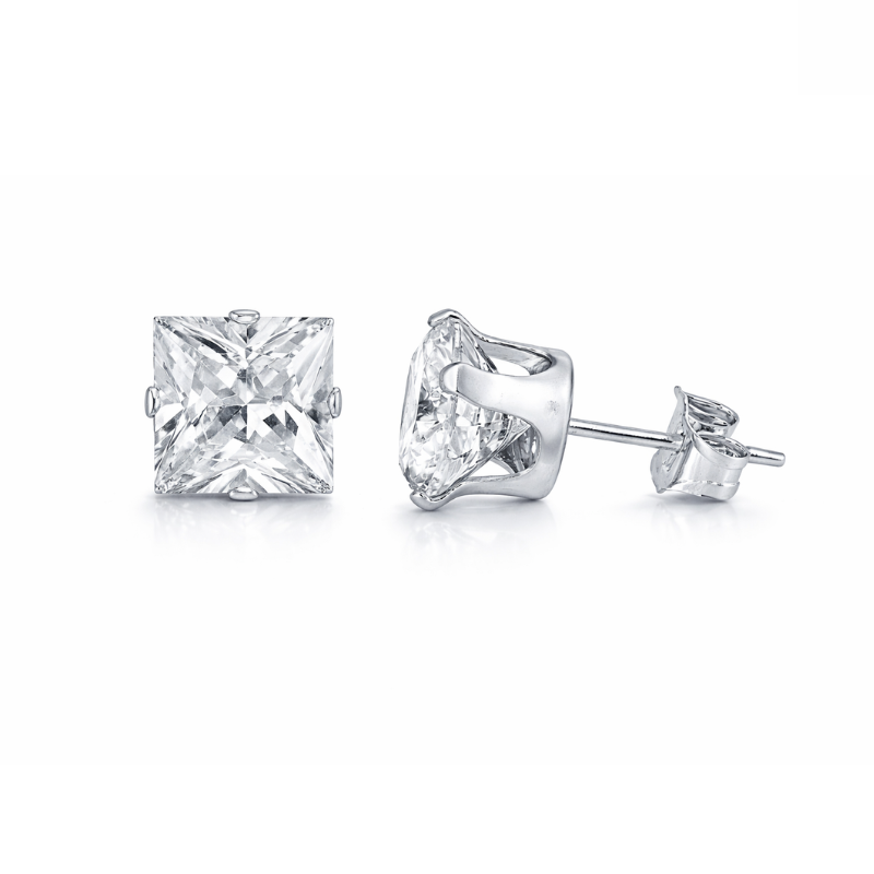 Sterling Silver 8mm Princess Cut Stud Earrings