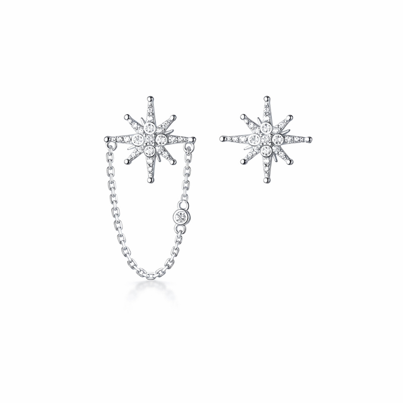 Sterling Silver Asymmetric Chain Star Earrings