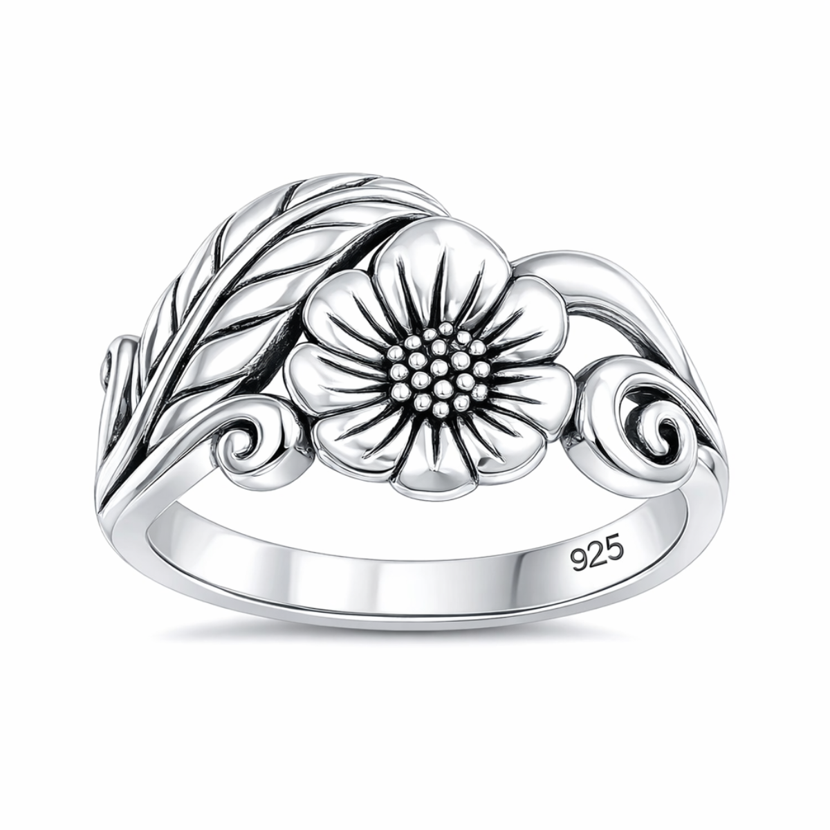Sterling Silver Sunflower and Leaf Ring