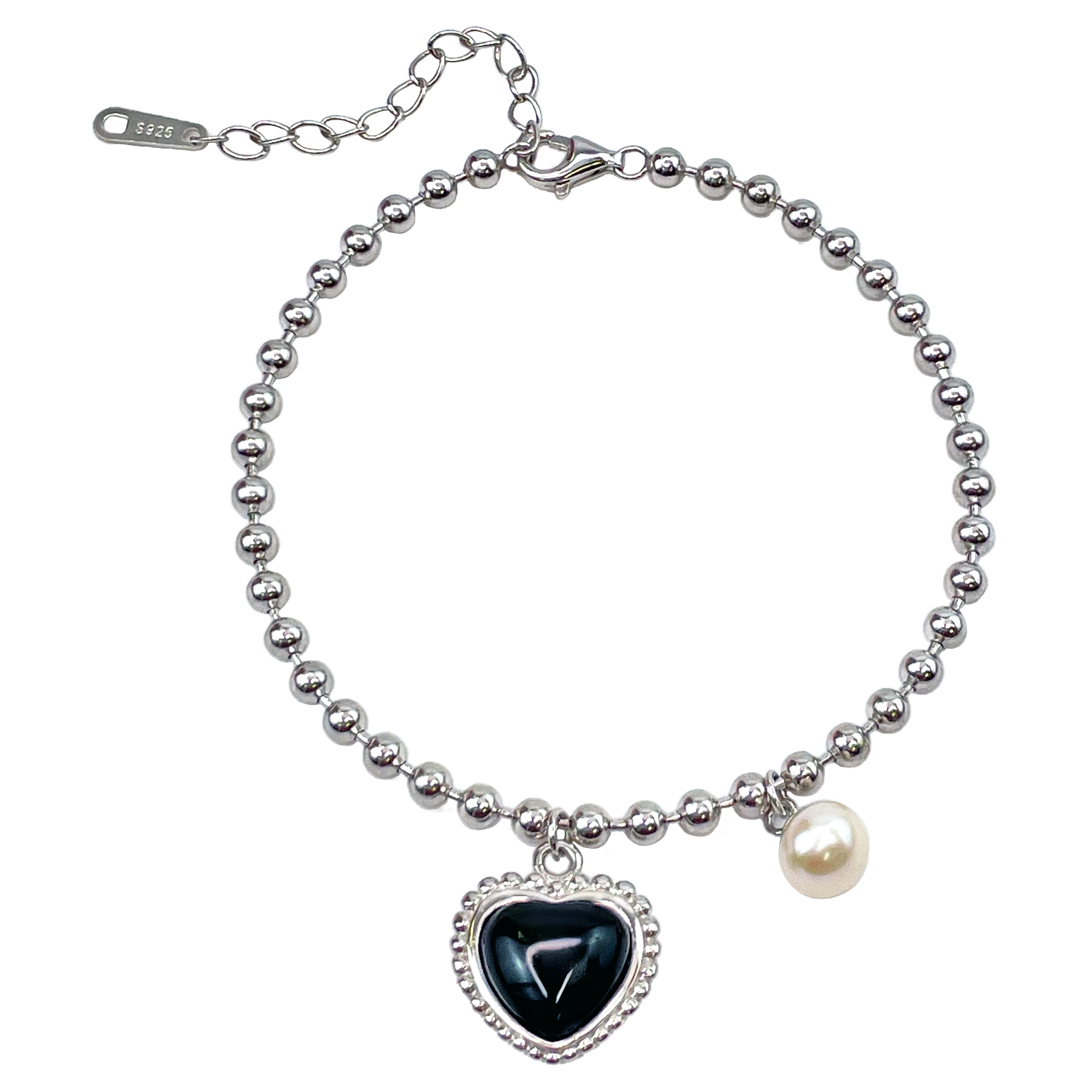 Sterling Silver Black Heart and Pearl Bead Bracelet