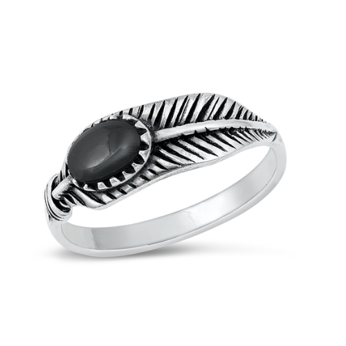 Sterling Silver Feather Black Agate Stone Ring