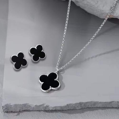 Sterling Silver Black Agate Flour Clover Leaf Set