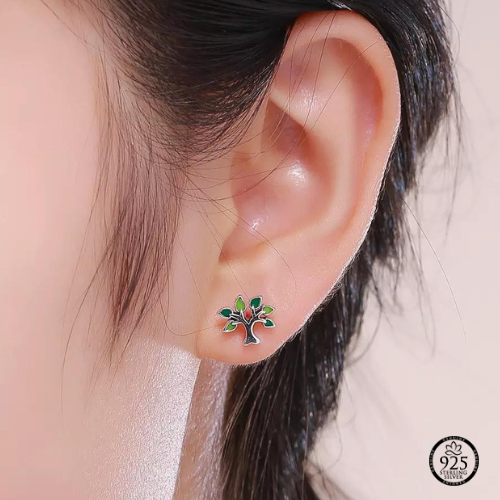 Sterling Silver Green Leaf Tree of Life Earrings