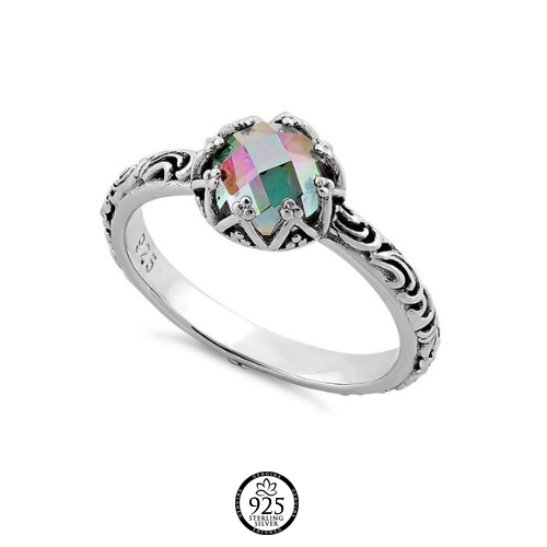 Sterling Silver Antique Floral Rainbow Crystal Ring