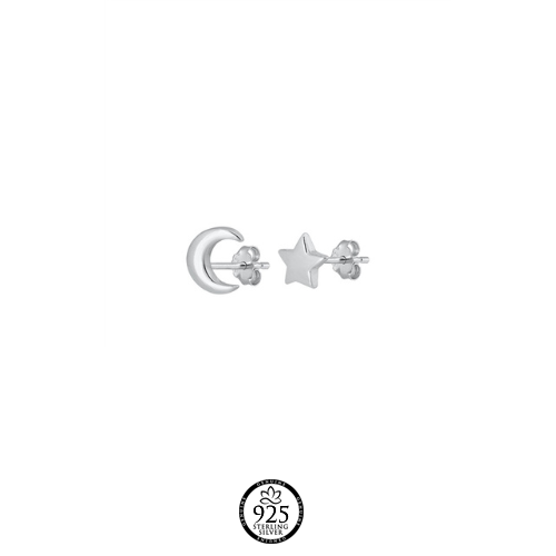 Sterling Silver Uneven Moon & Star Plain Earrings
