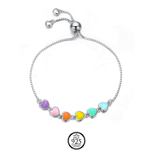 Sterling Silver Candy Rainbow Hearts Adjustable Bracelet