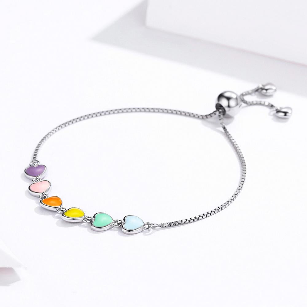 Sterling Silver Candy Rainbow Hearts Adjustable Bracelet
