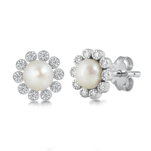 Sterling Silver Flower Pearl and Crystals Earrings