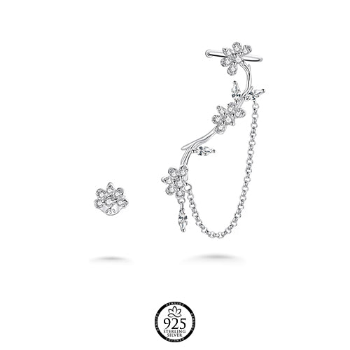 Sterling Silver Sweet Pea Flowers Crystal Climbing Earrings