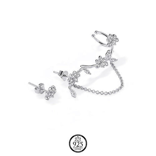 Sterling Silver Sweet Pea Flowers Crystal Climbing Earrings