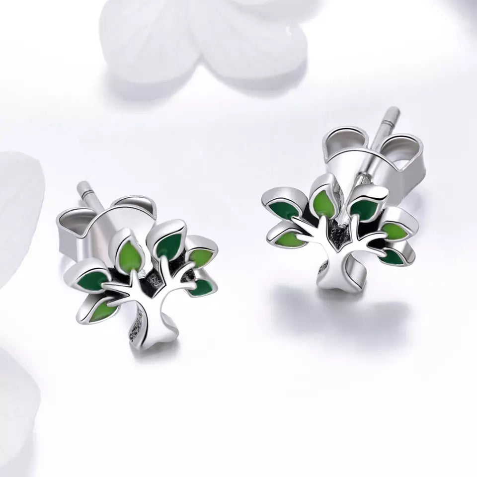 Sterling Silver Green Leaf Tree of Life Earrings