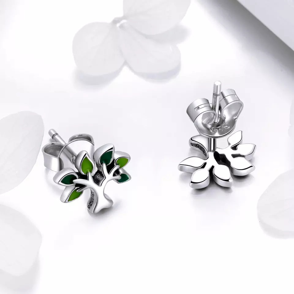 Sterling Silver Green Leaf Tree of Life Earrings