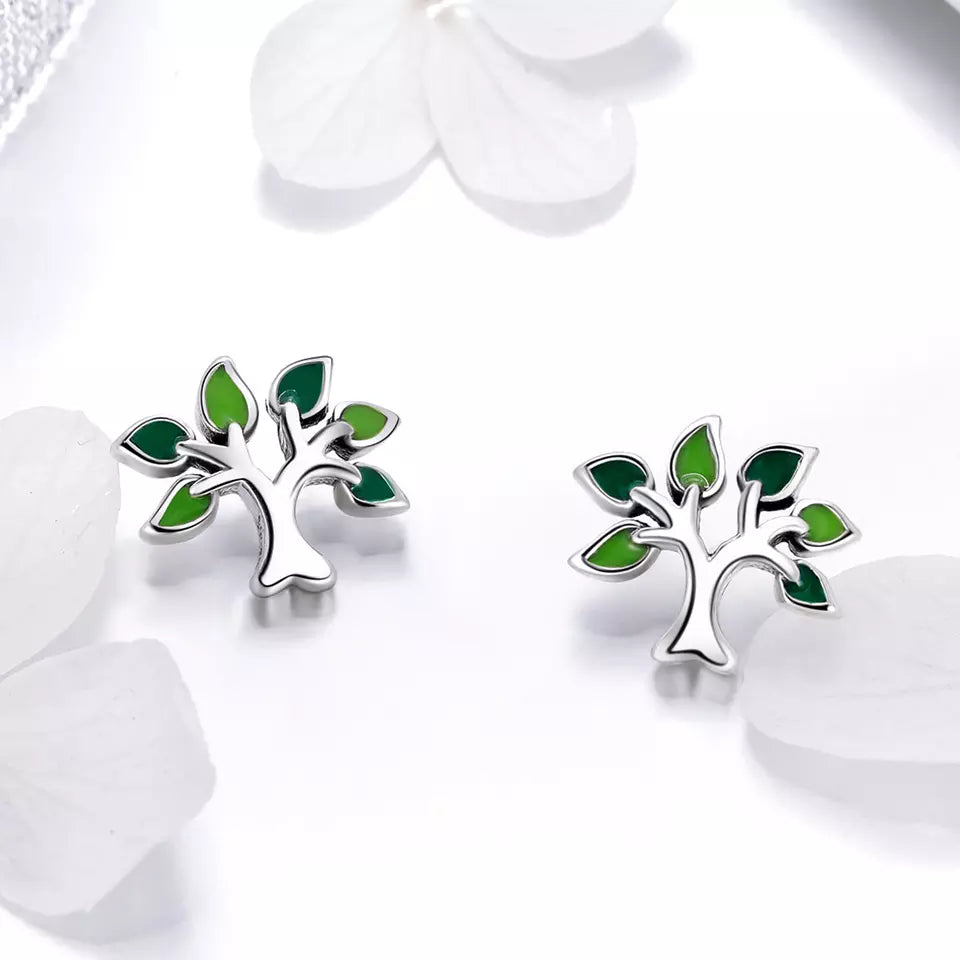 Sterling Silver Green Leaf Tree of Life Earrings