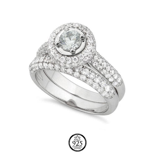 Sterling Silver Halo Round Crystals Engagement Set Ring
