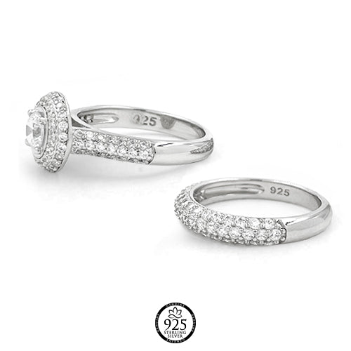Sterling Silver Halo Round Crystals Engagement Set Ring