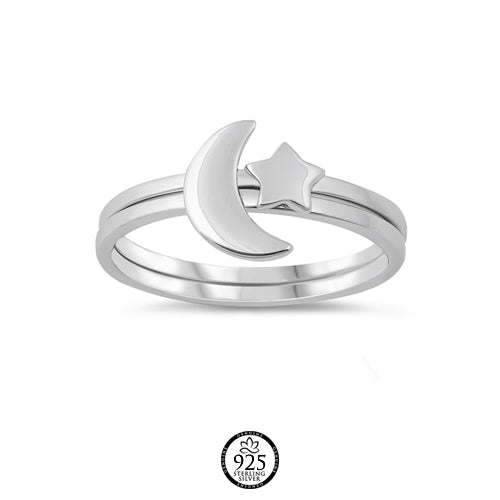 Sterling Silver Moon and Star Double Ring