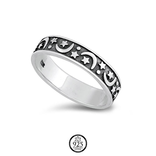 Sterling Silver Moon and Stars Band Ring