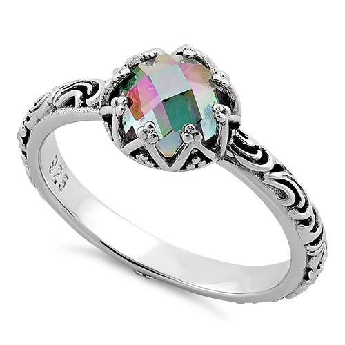Sterling Silver Antique Floral Rainbow Crystal Ring