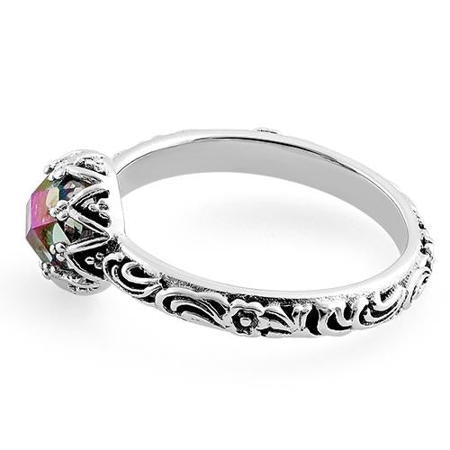 Sterling Silver Antique Floral Rainbow Crystal Ring