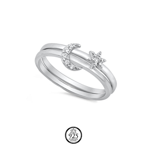 Sterling Silver Crystal Moon and Twinkle Star Ring