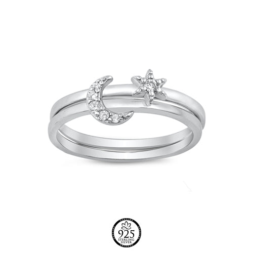Sterling Silver Crystal Moon and Twinkle Star Ring