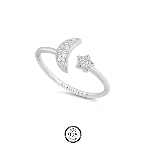 Sterling Silver Crescent Moon and Star Ring
