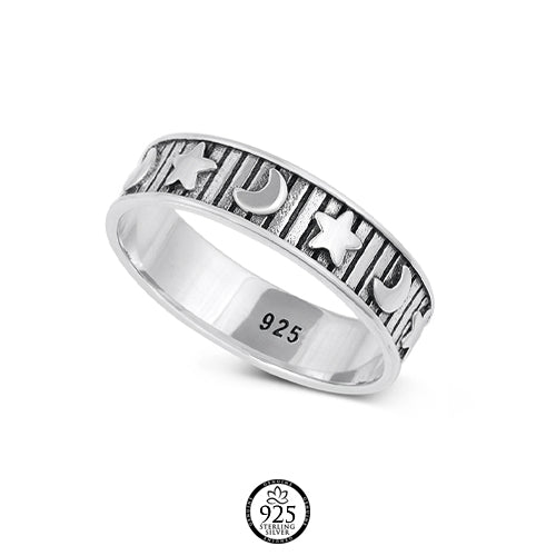 Sterling Silver Moon and Stars Band Ring