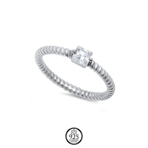 Sterling Silver Dainty Twisted Square Crystal Ring