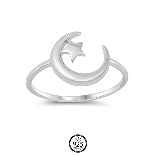 Sterling Silver Crescent Moon and Prosperity Star Ring