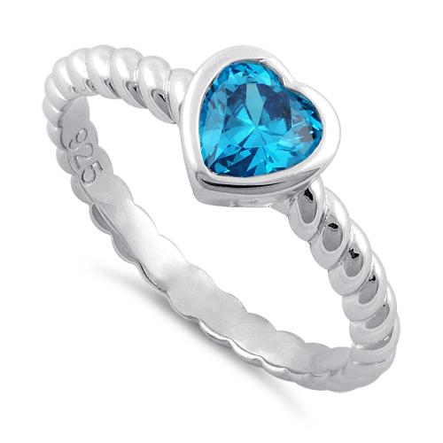 Sterling Silver Aqua Heart Crystal Ring