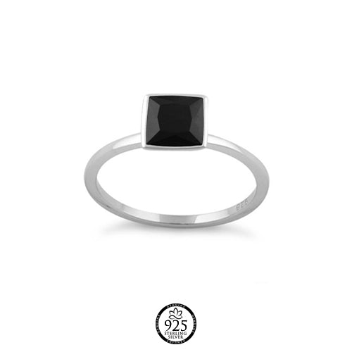 Sterling Silver Solitaire Black Stone Square Ring