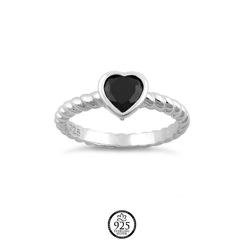 Sterling Silver Twisted Heart Black Crystal Ring