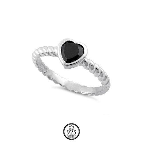 Sterling Silver Twisted Heart Black Crystal Ring