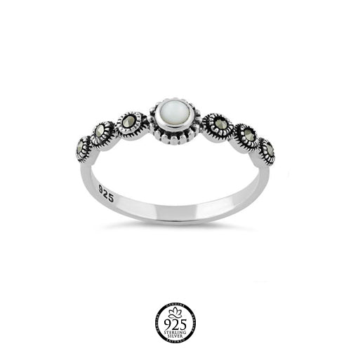 Sterling Silver Mother of Pearl and Marcasite Ring