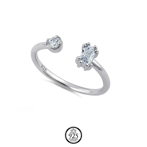 Sterling Silver Round & Emerald Cut Crystal Ring